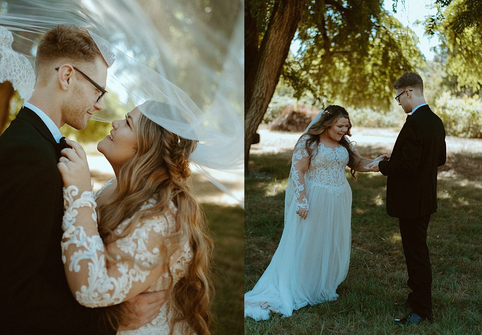 Bride and groom first look under trees by Danielle Johnson Photography