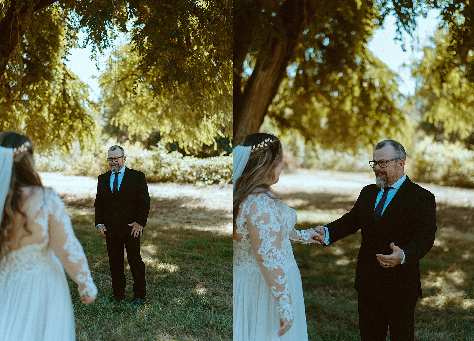 Bride and father first look under trees by Danielle Johnson Photography