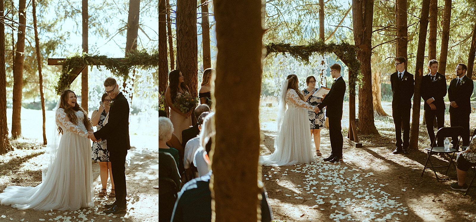 Bride and groom at alter in Oregon forest wedding by Danielle Johnson Photography