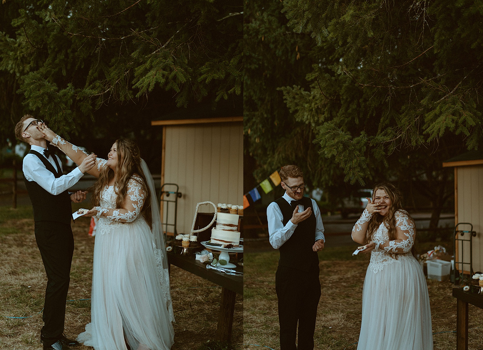 bride and groom eating cupcakes at Oregon wedding captured by Danielle Johnson Photography